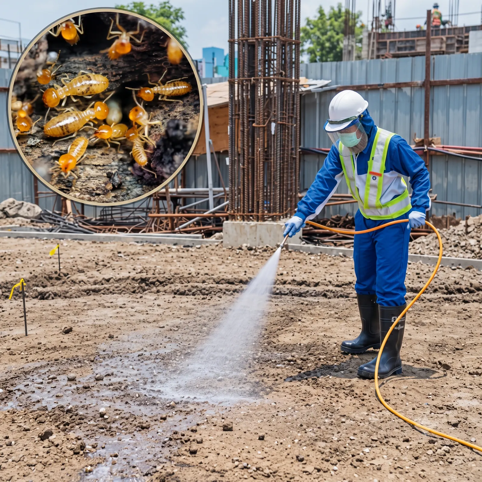 Anti-termite soil treatment on a construction site